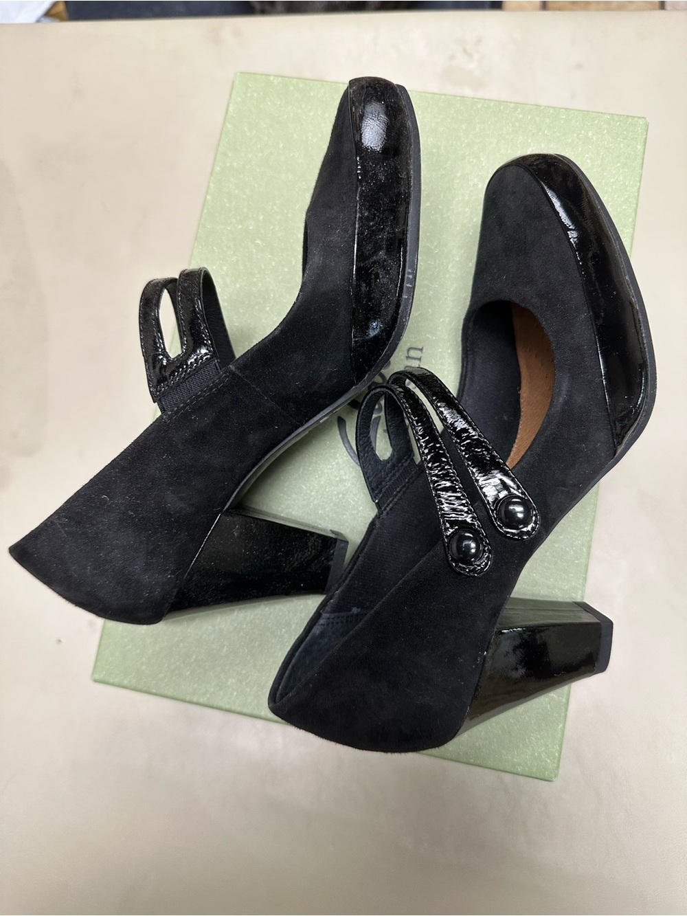 Clarks Black Suede and Patent Leather Mary Jane Block Heels